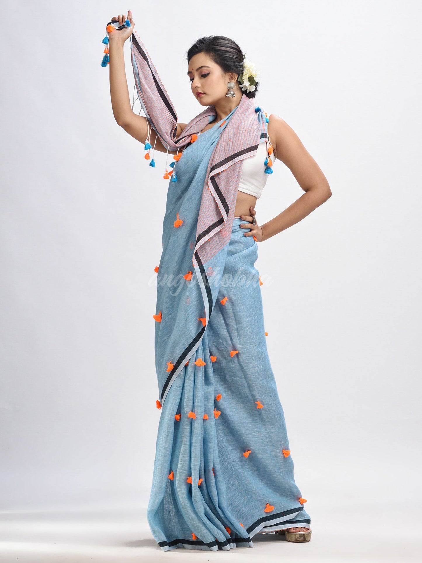 Sky blue linen all body pom pom with pallu stipe handwoven saree