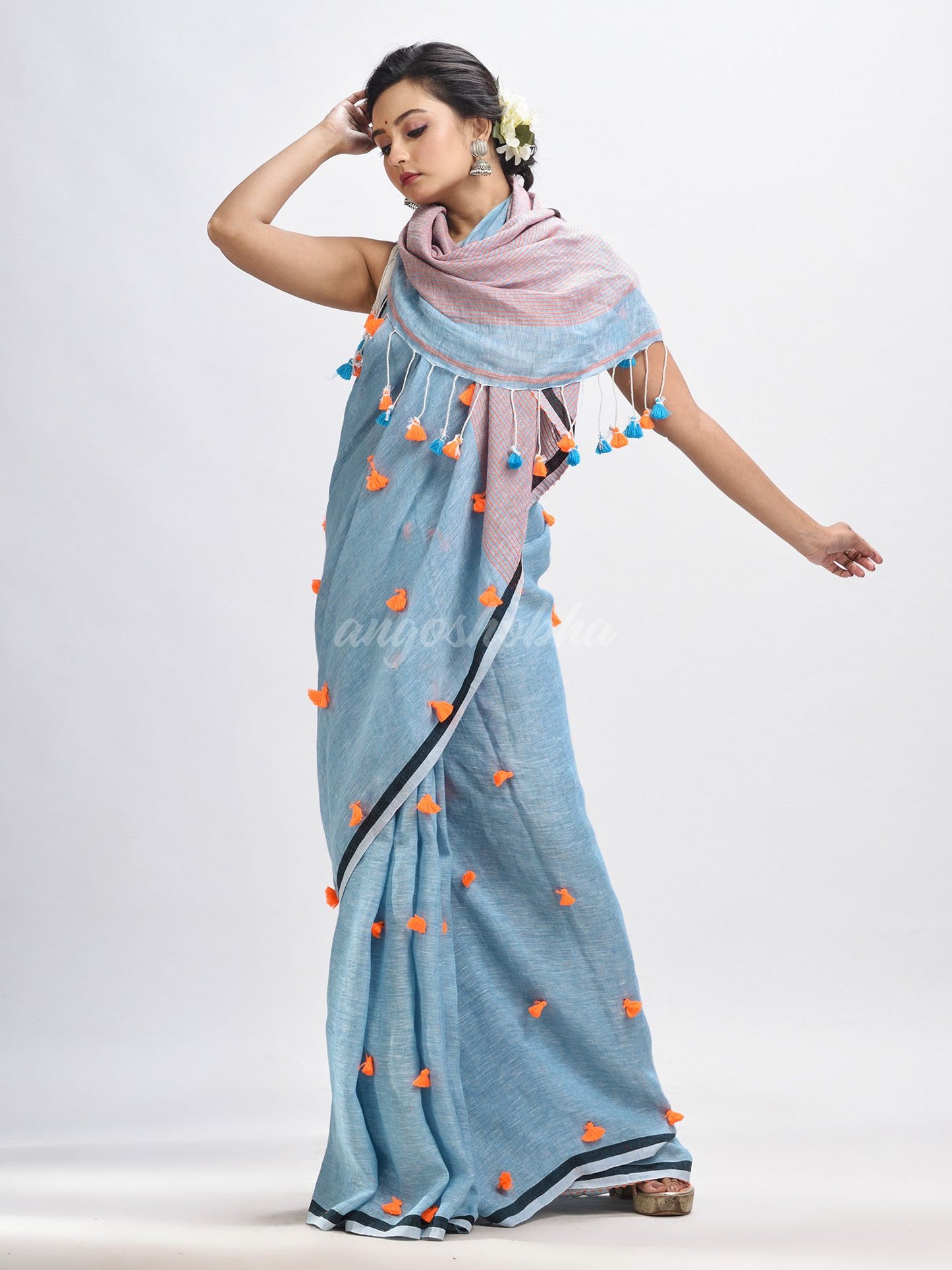 Sky blue linen all body pom pom with pallu stipe handwoven saree