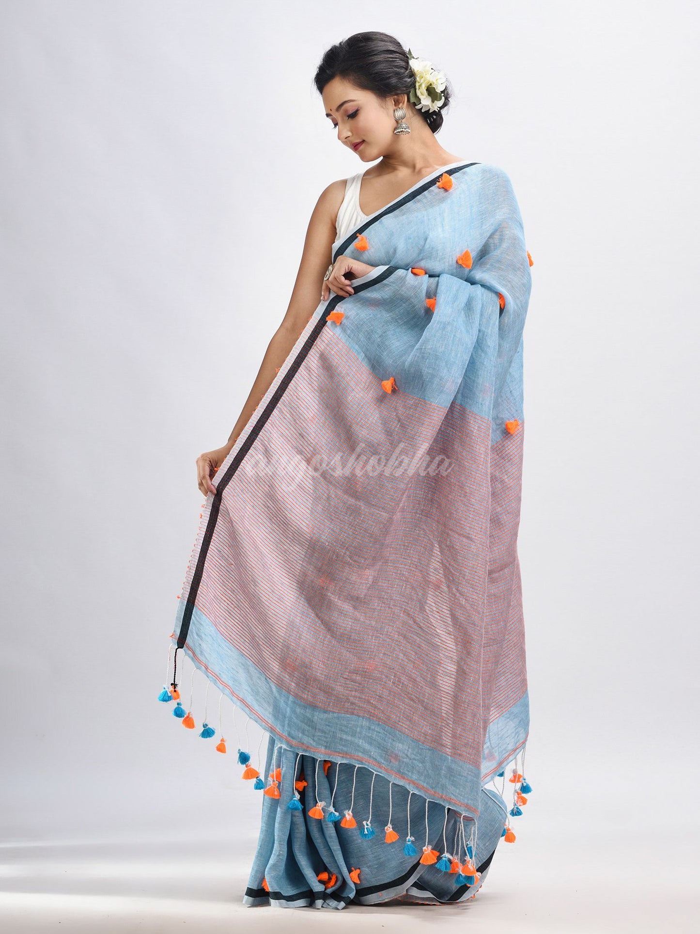 Sky blue linen all body pom pom with pallu stipe handwoven saree