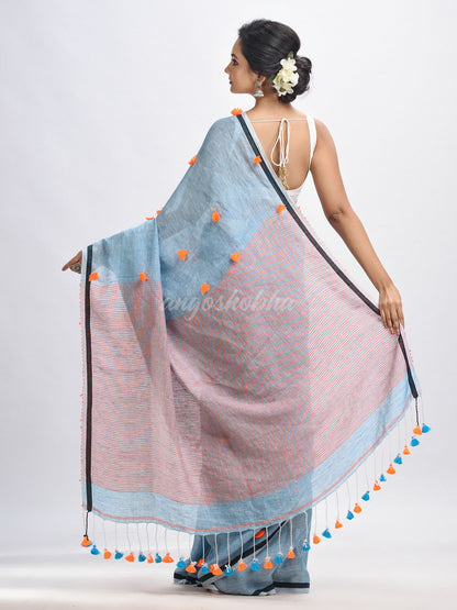 Sky blue linen all body pom pom with pallu stipe handwoven saree