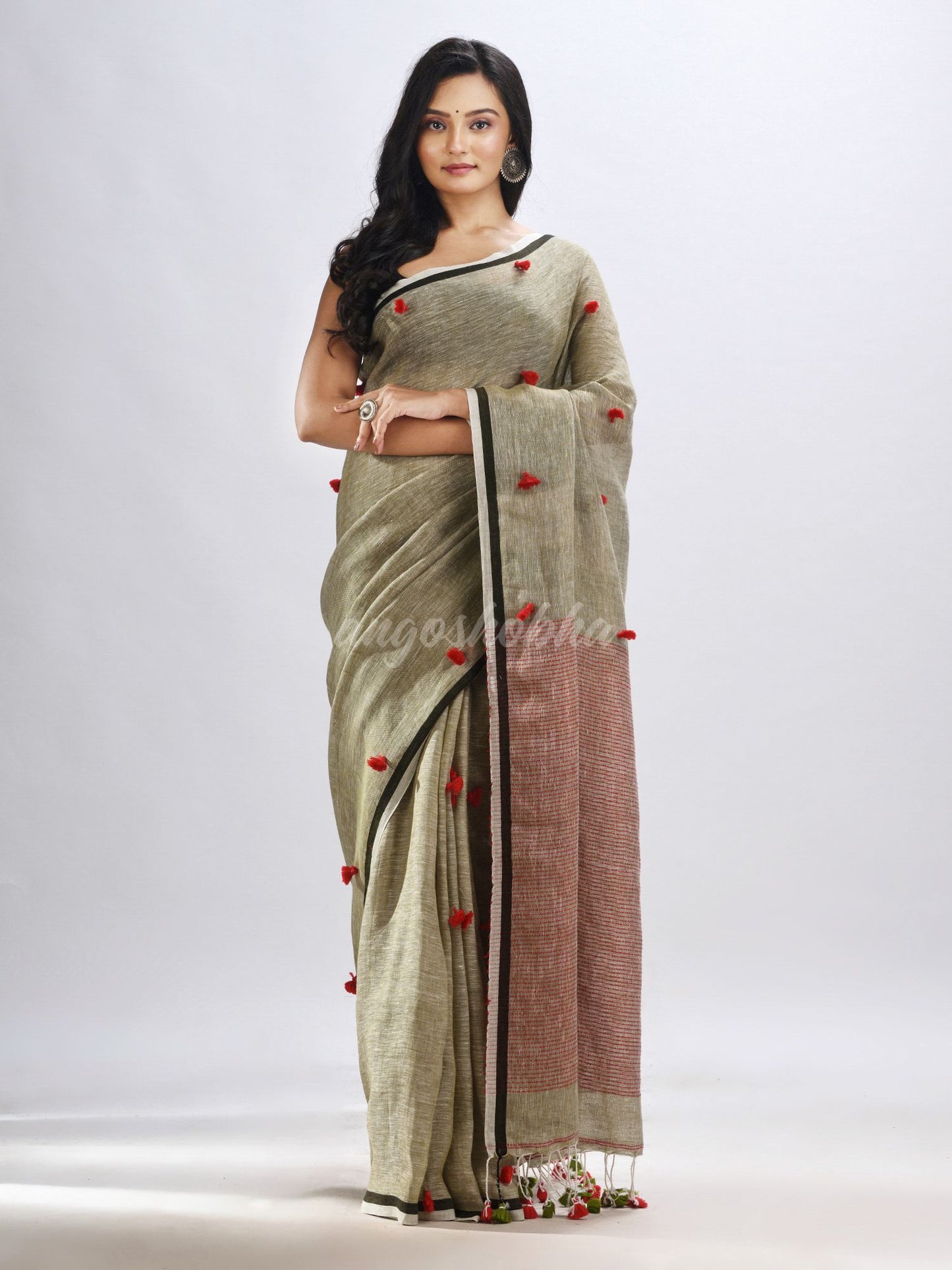 Sege green  linen all body pom pom with pallu stipe handwoven saree