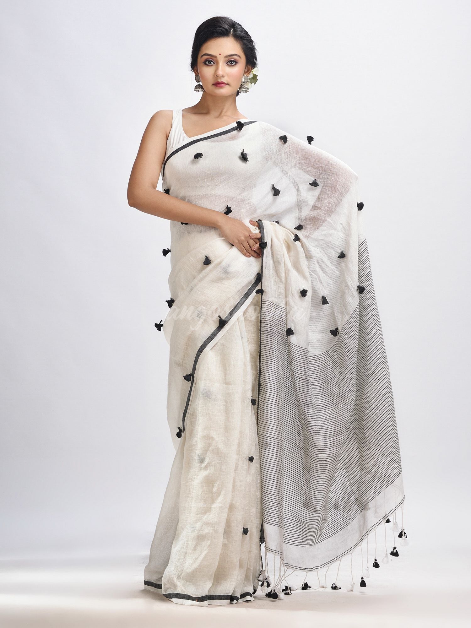 White linen all body pom pom with pallu stipe handwoven saree