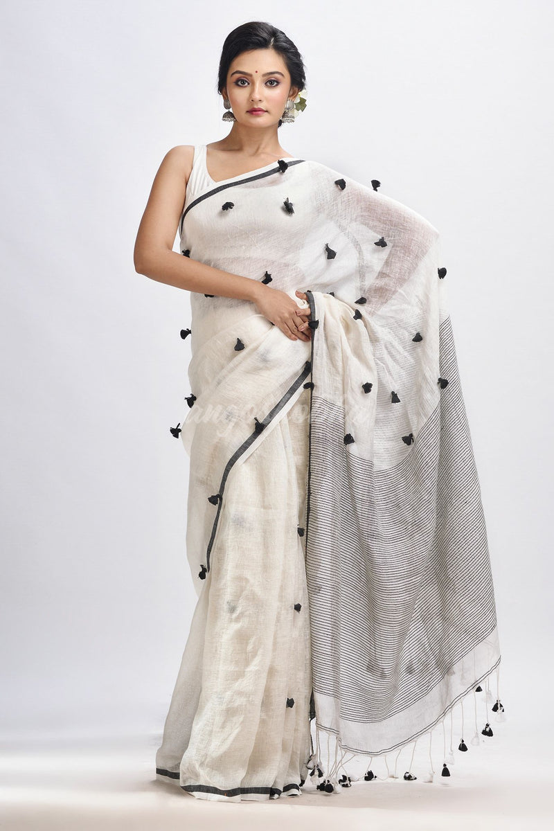 White linen all body pom pom with pallu stipe handwoven saree