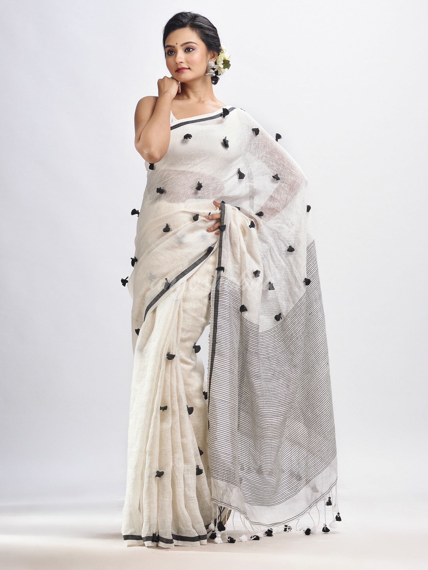 White linen all body pom pom with pallu stipe handwoven saree