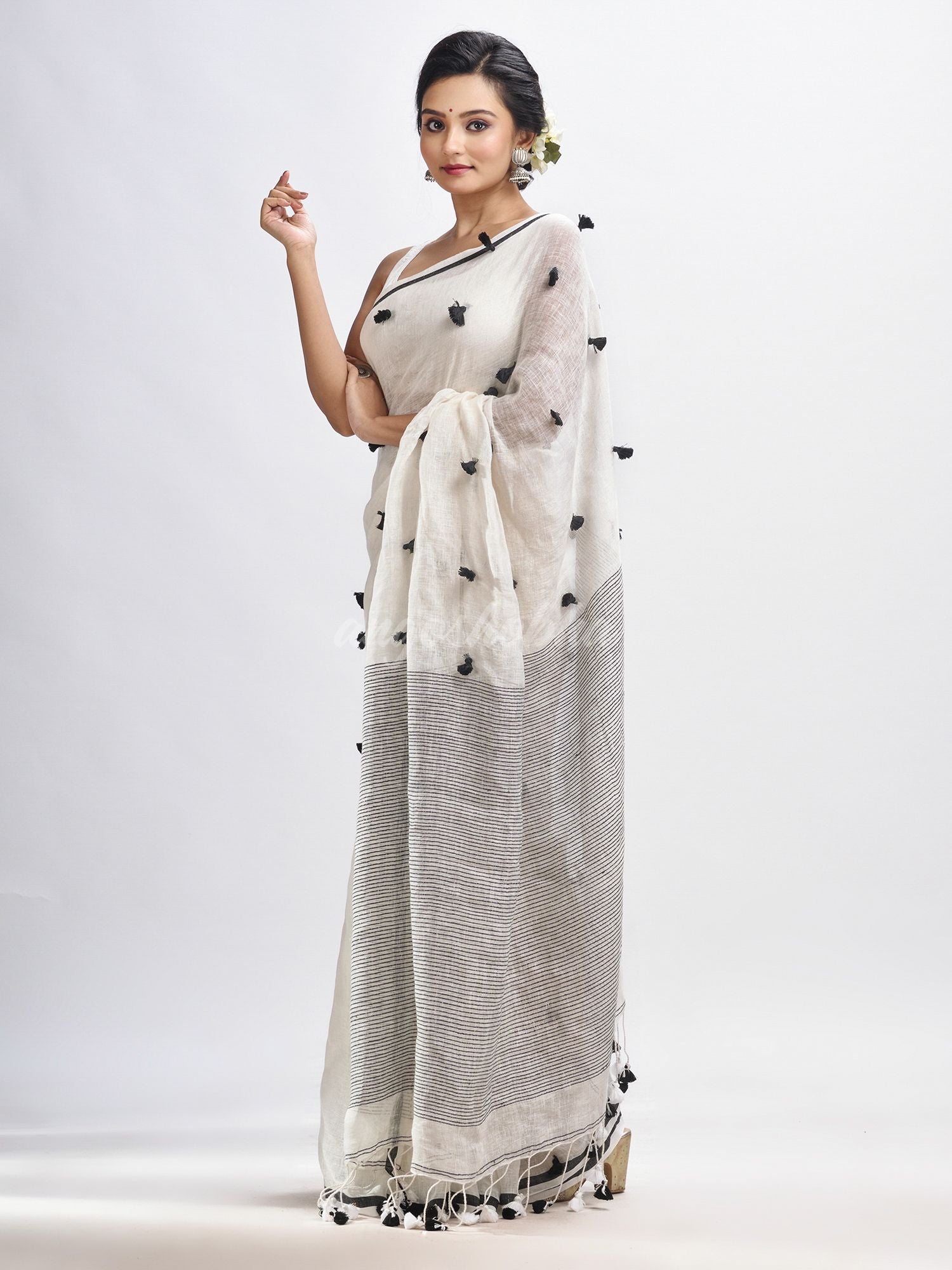 White linen all body pom pom with pallu stipe handwoven saree