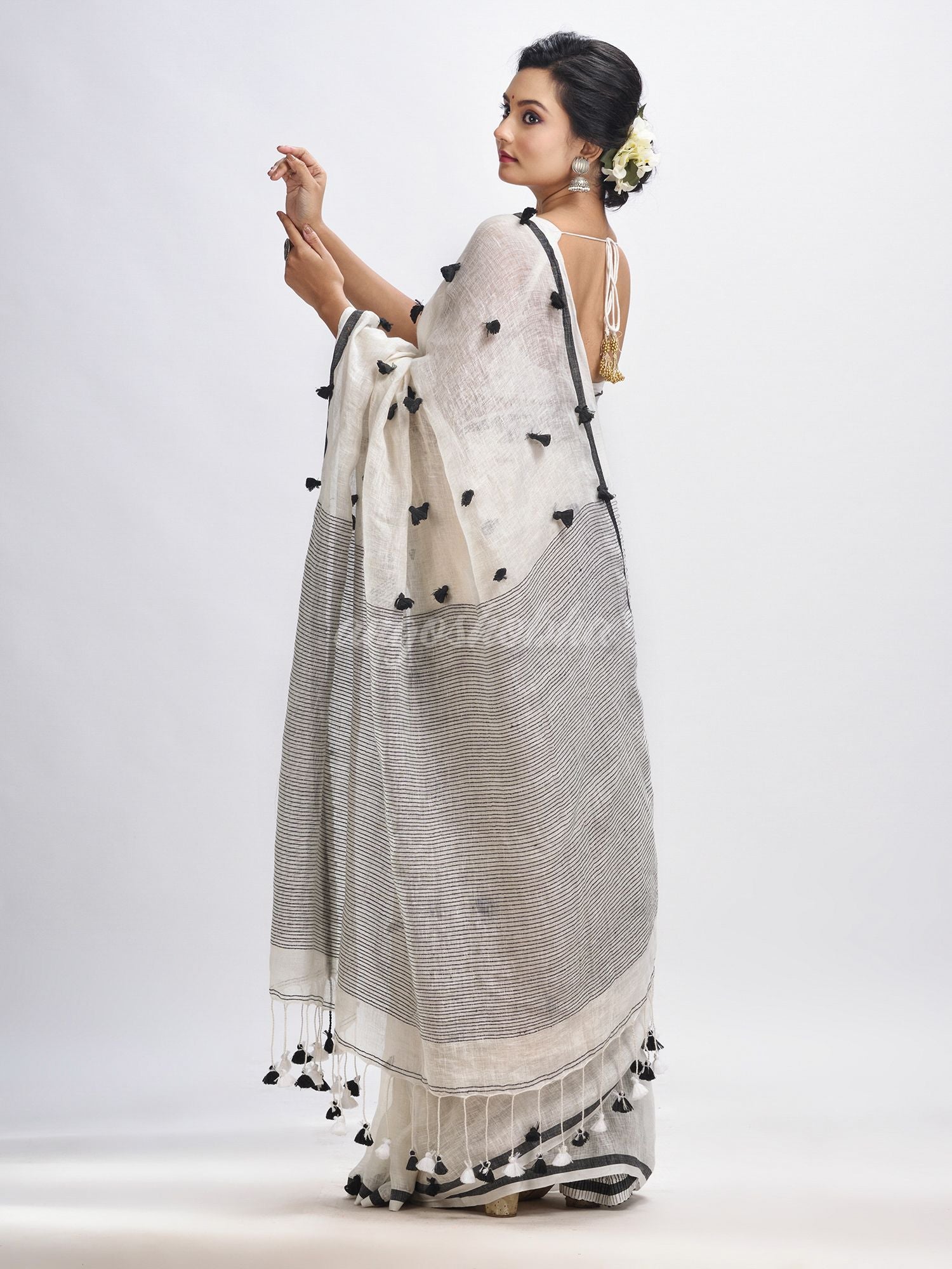 White linen all body pom pom with pallu stipe handwoven saree