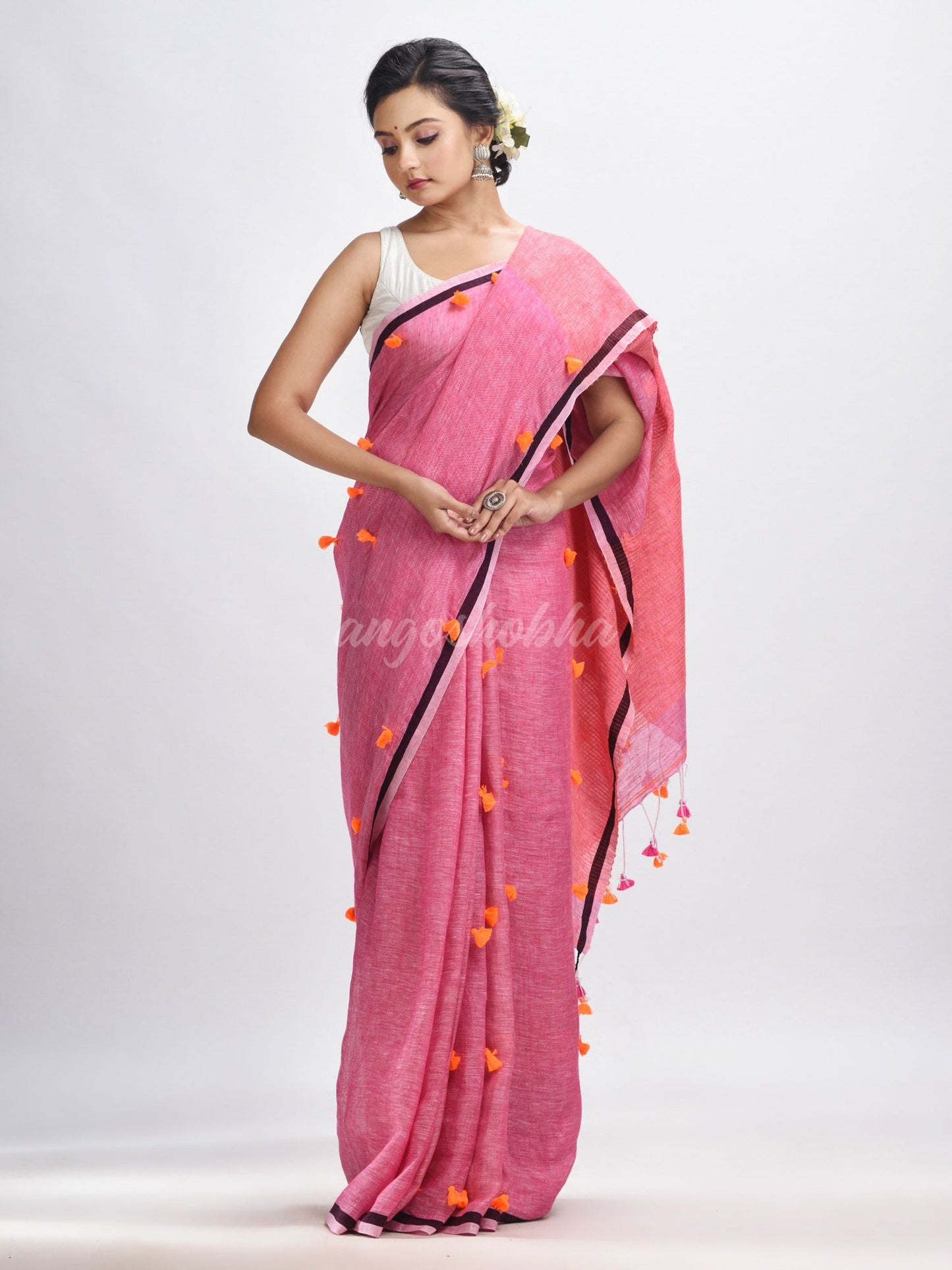 Livid pink linen all body pom pom with pallu stipe handwoven saree