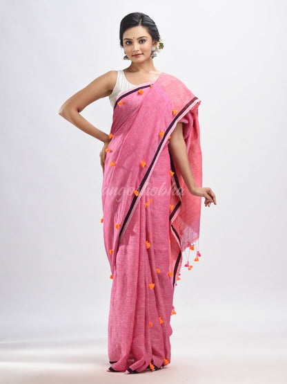 Livid pink linen all body pom pom with pallu stipe handwoven saree