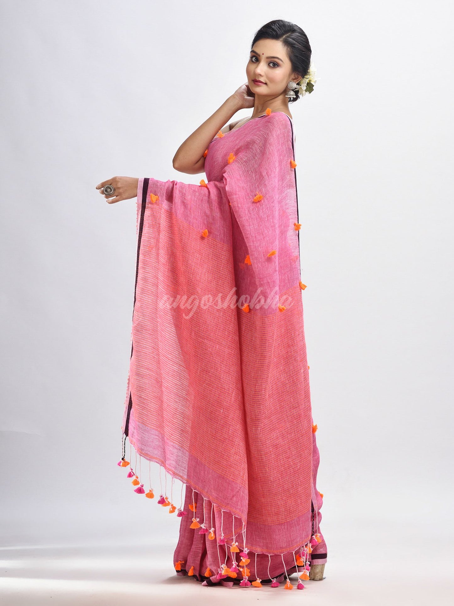 Livid pink linen all body pom pom with pallu stipe handwoven saree