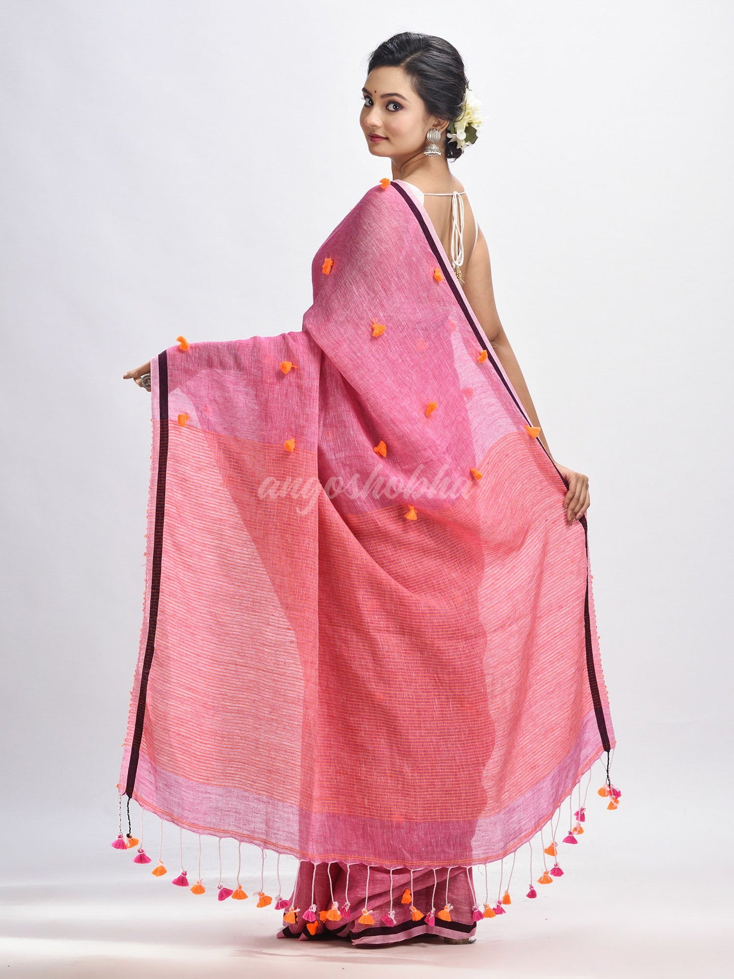 Livid pink linen all body pom pom with pallu stipe handwoven saree