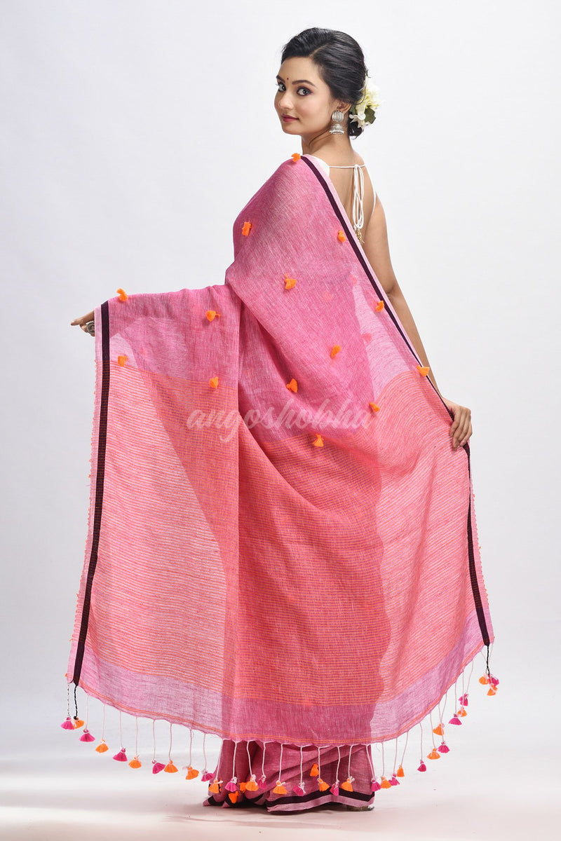 Livid pink linen all body pom pom with pallu stipe handwoven saree