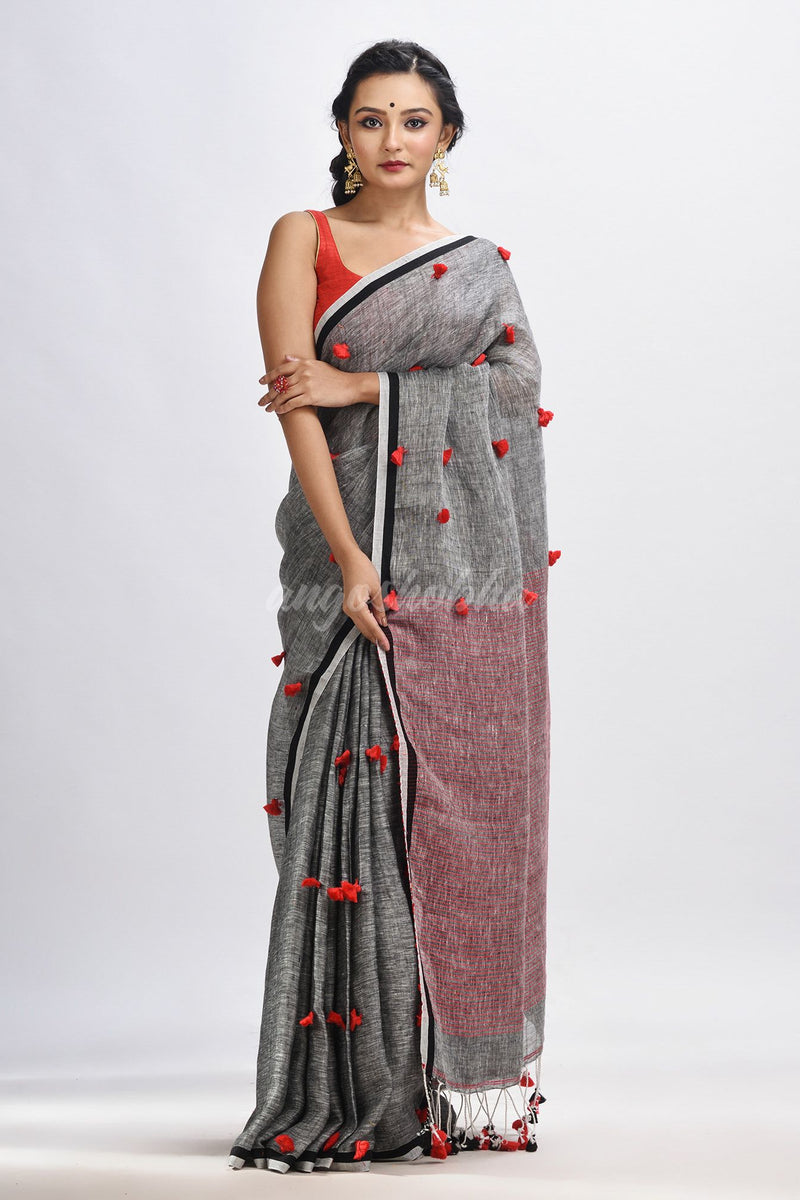 Grey linen all body pom pom with pallu stipe handwoven saree