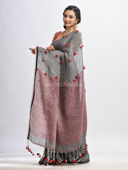 Grey linen all body pom pom with pallu stipe handwoven saree