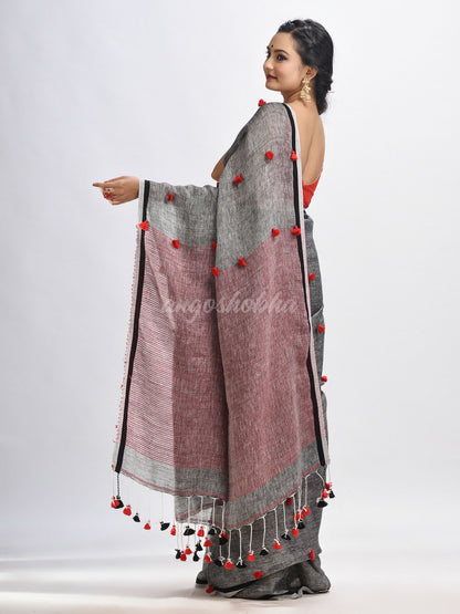 Grey linen all body pom pom with pallu stipe handwoven saree