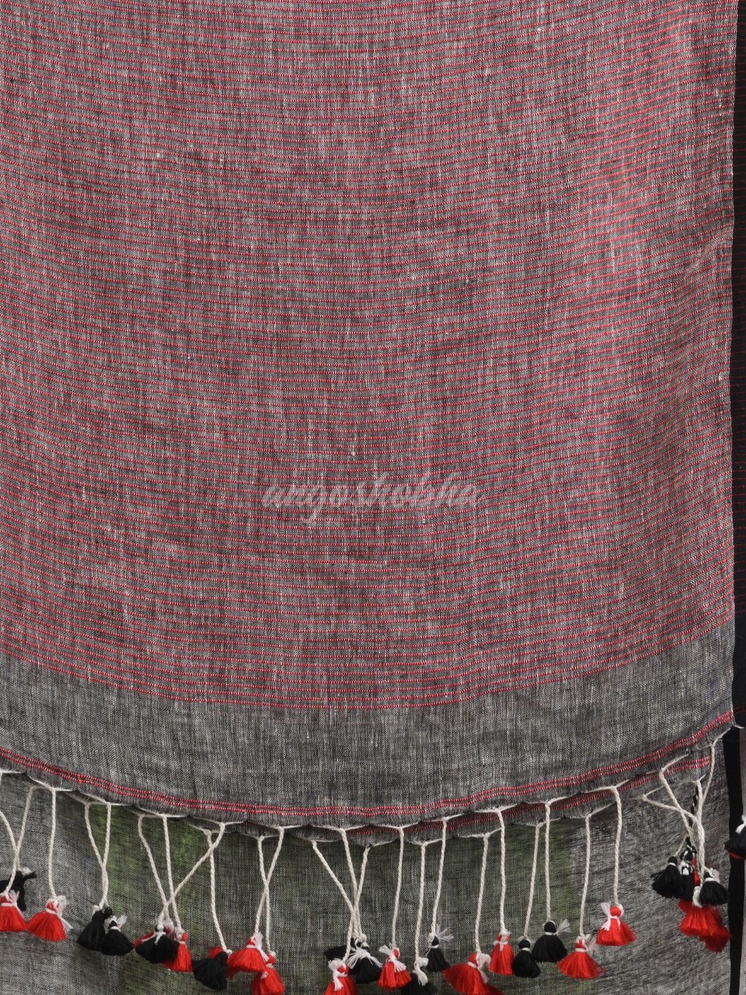 Grey linen all body pom pom with pallu stipe handwoven saree