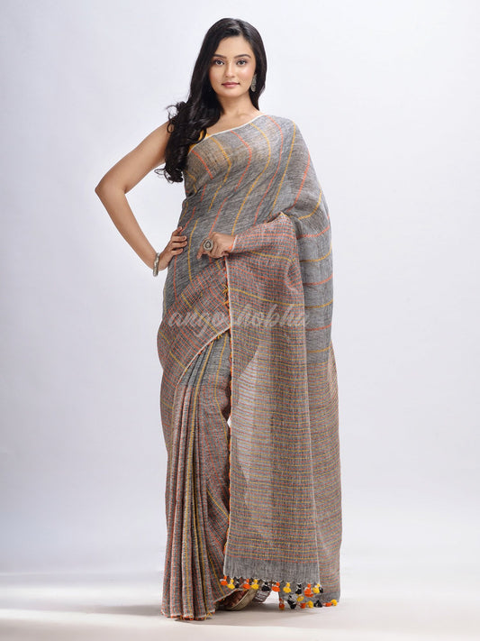 Grey kantha stitch Handwoven Linen Saree