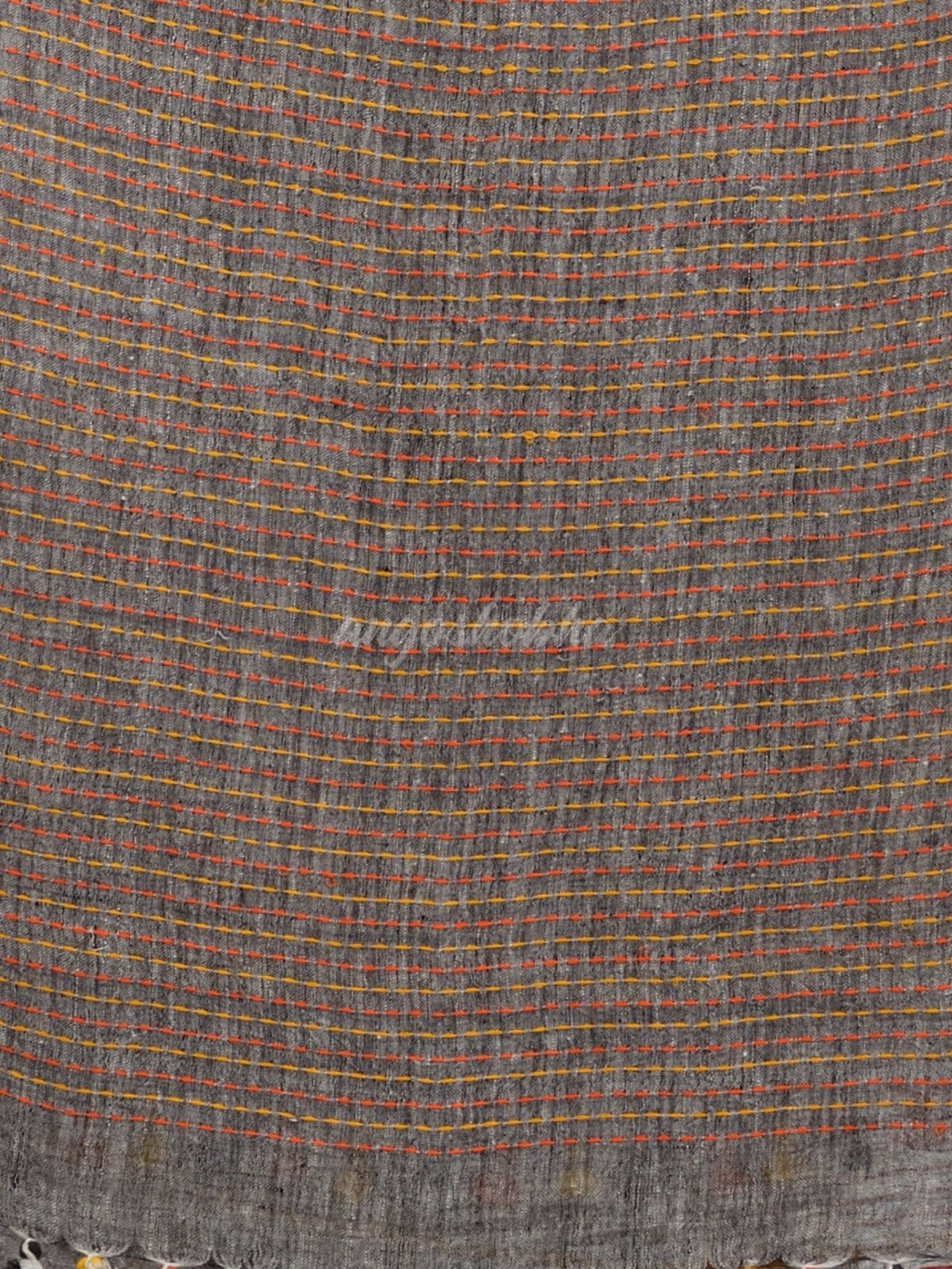 Grey kantha stitch Handwoven Linen Saree