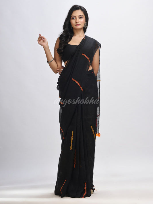 Black kantha stitch handwoven linen saree