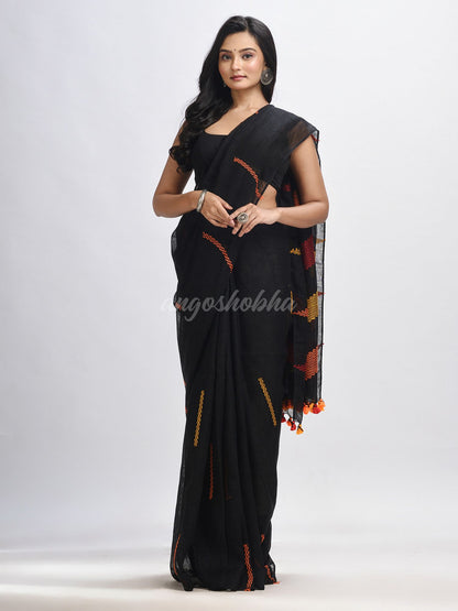 Black kantha stitch handwoven linen saree