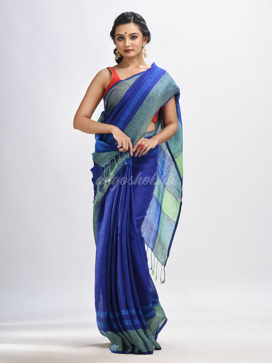 Royal blue linen with pallu stipe handloom saree