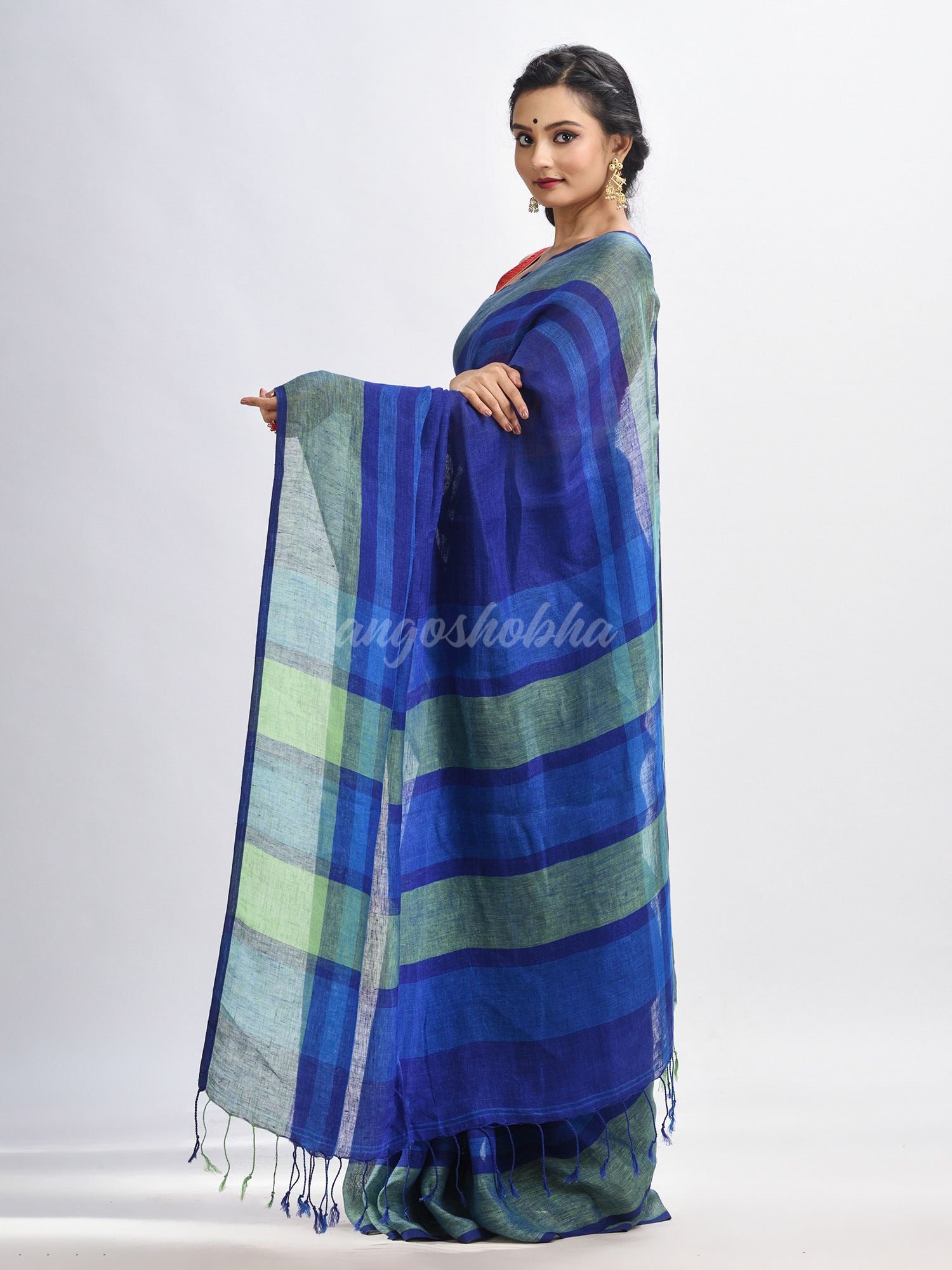 Royal blue linen with pallu stipe handloom saree