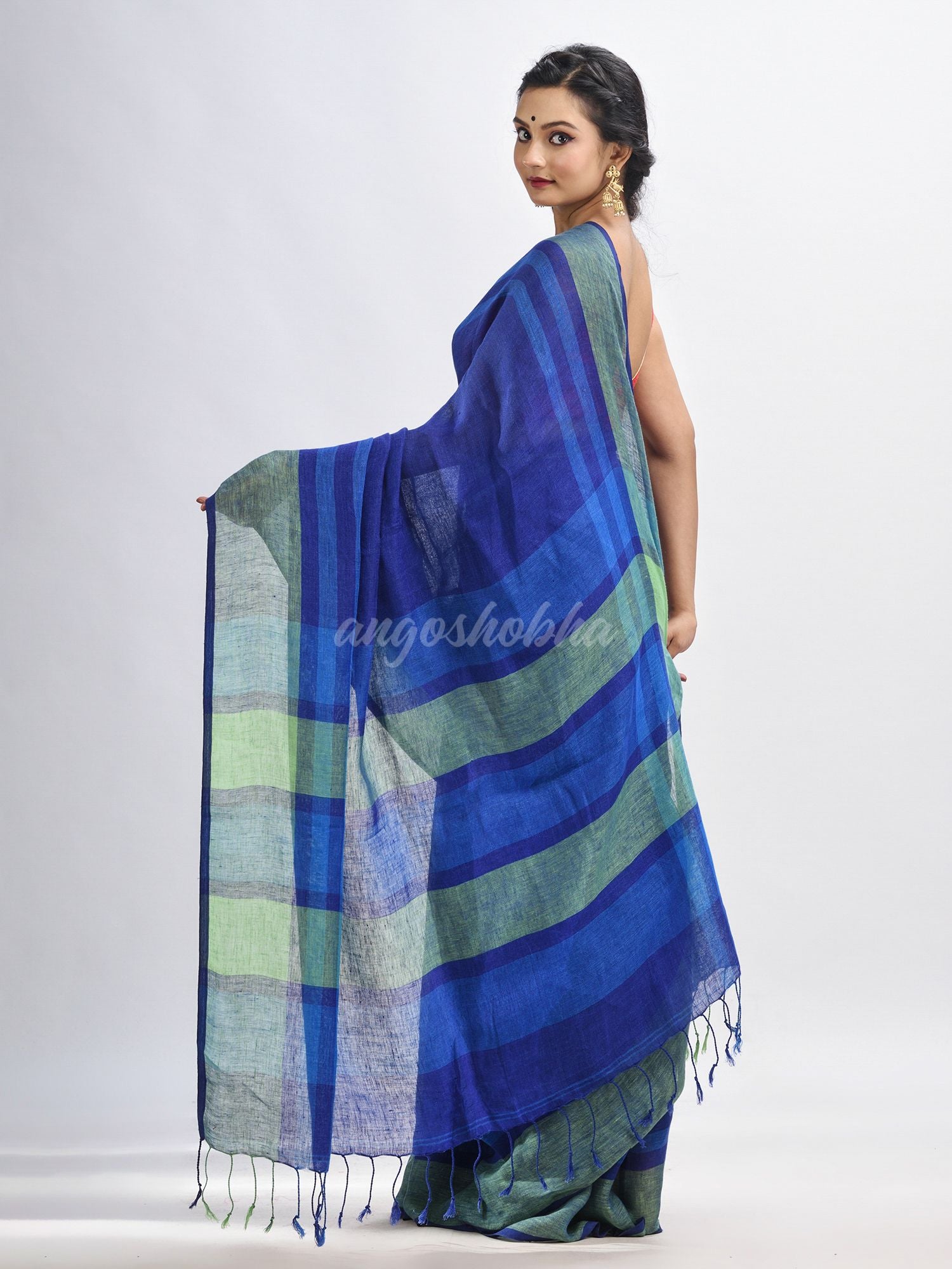 Royal blue linen with pallu stipe handloom saree