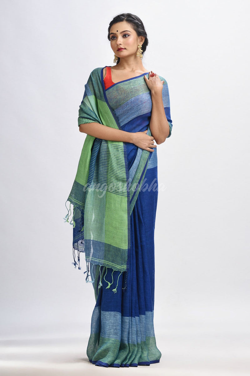 Midnight blue linen with pallu stipe handloom saree