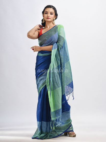 Midnight blue linen with pallu stipe handloom saree