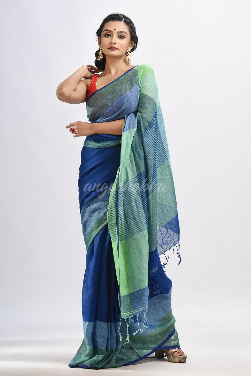 Midnight blue linen with pallu stipe handloom saree