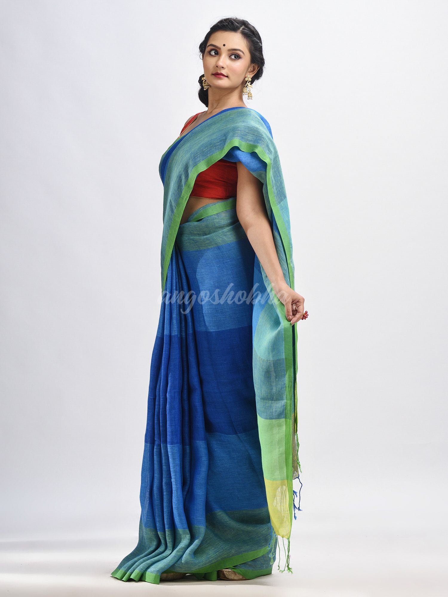 Light blue linen with pallu stipe handloom saree
