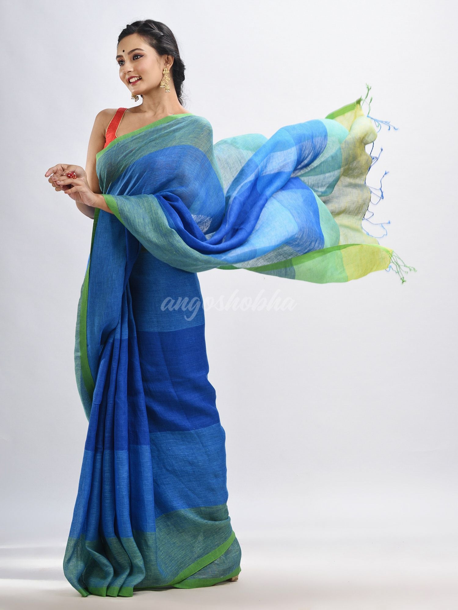 Light blue linen with pallu stipe handloom saree