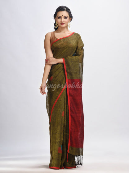 Olive green linen all body buti jamdani saree