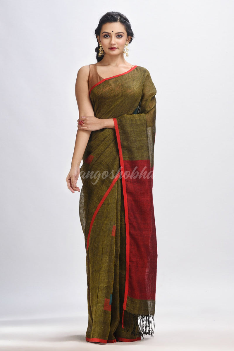 Olive green linen all body buti jamdani saree