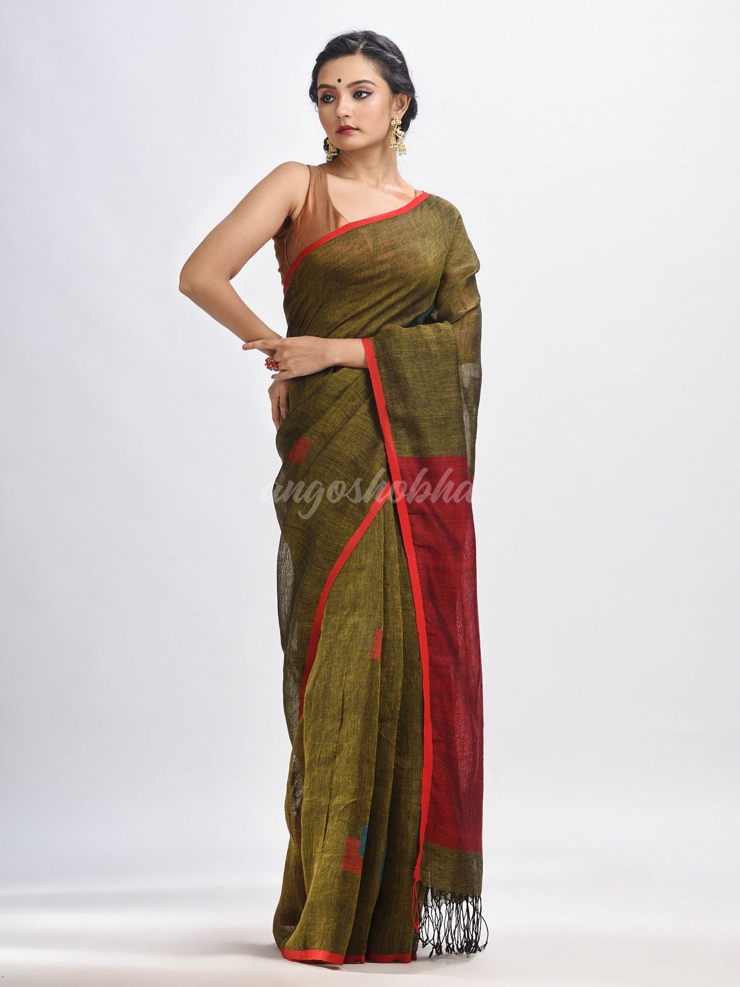 Olive green linen all body buti jamdani saree