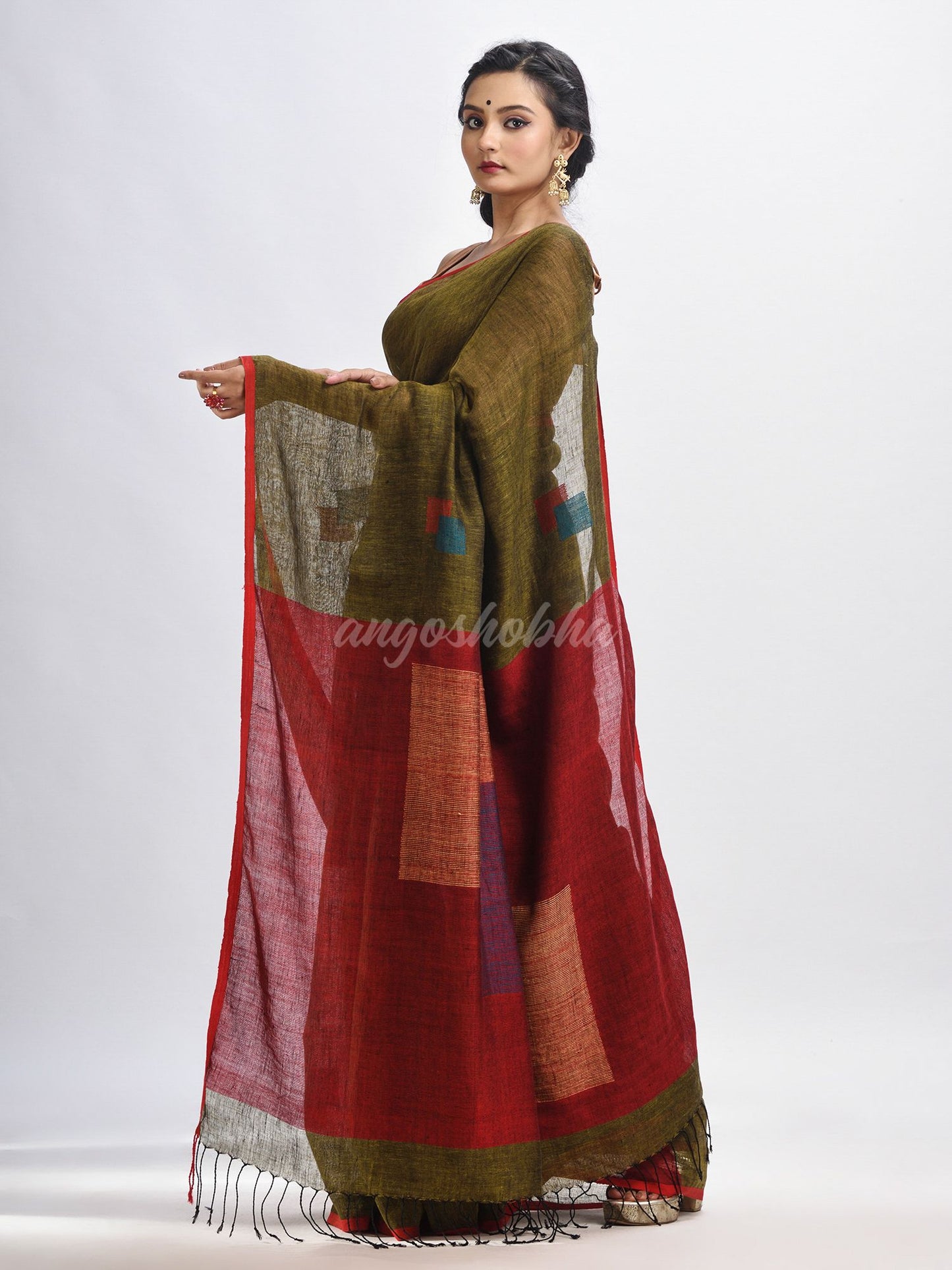 Olive green linen all body buti jamdani saree