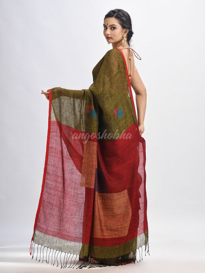 Olive green linen all body buti jamdani saree