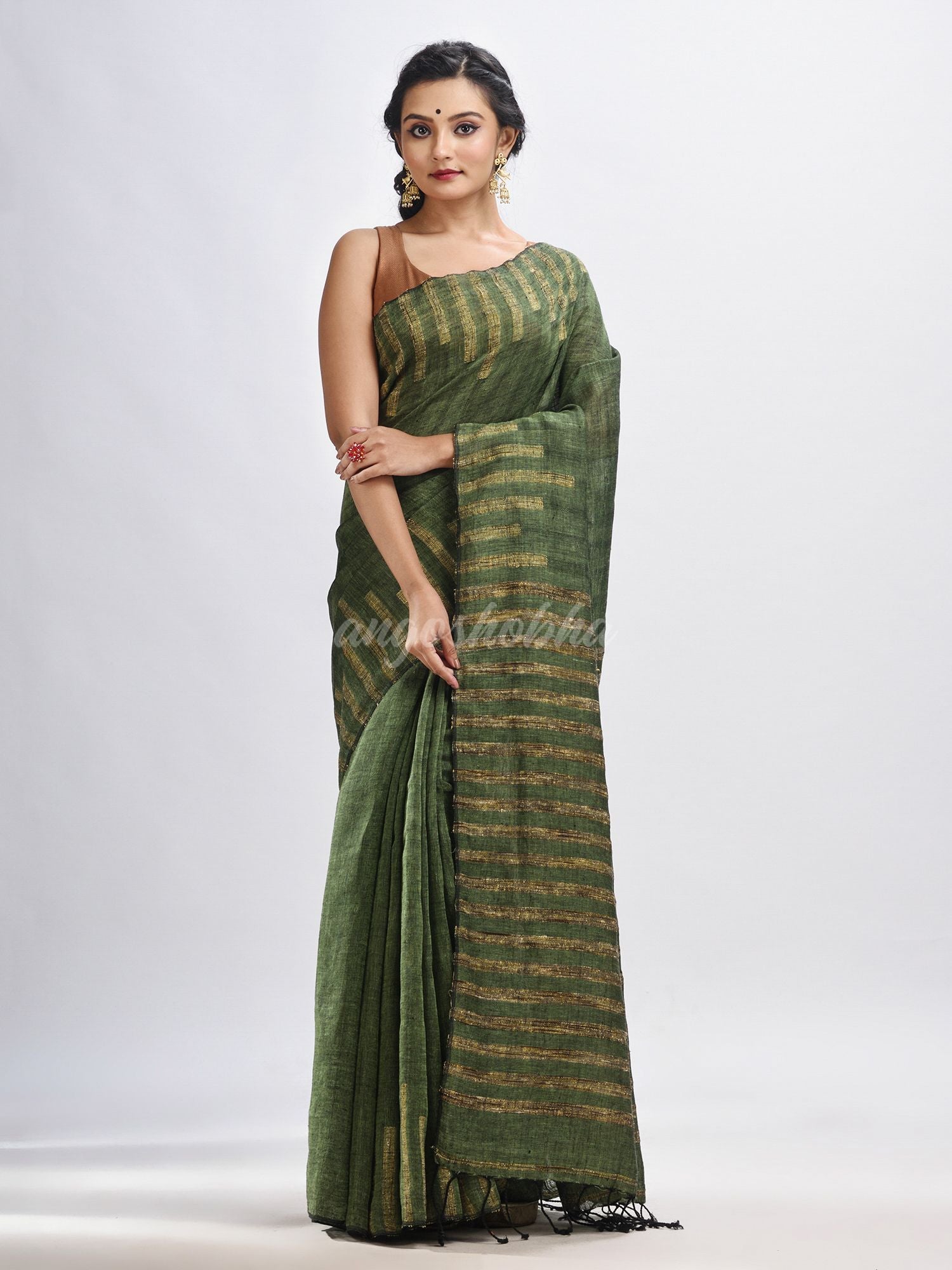 Gorillaz green linen harmonium design handloom saree