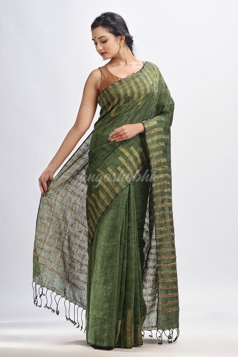 Gorillaz green linen harmonium design handloom saree