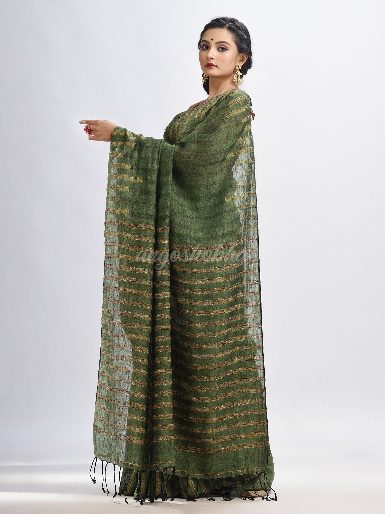 Gorillaz green linen harmonium design handloom saree