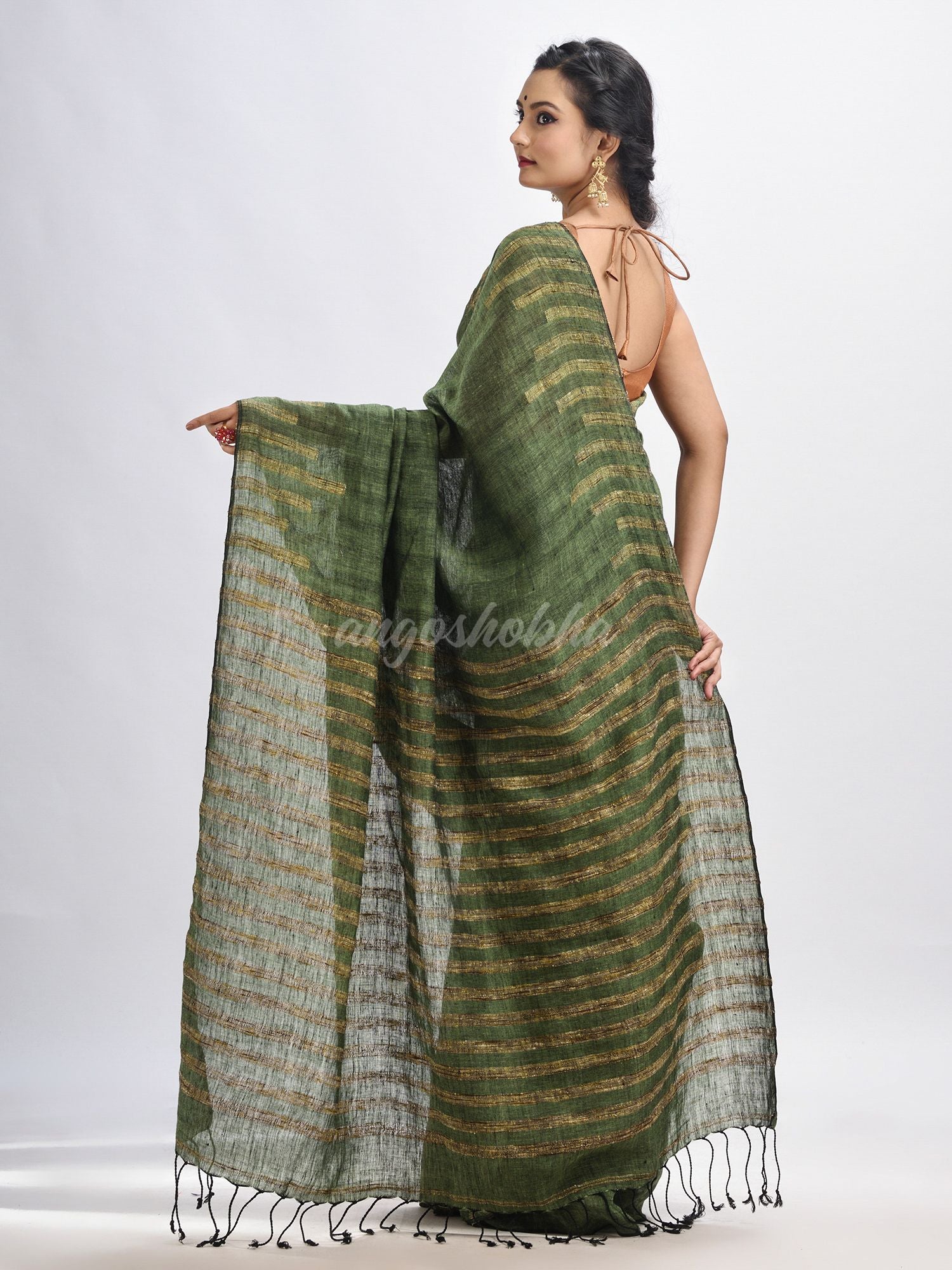 Gorillaz green linen harmonium design handloom saree