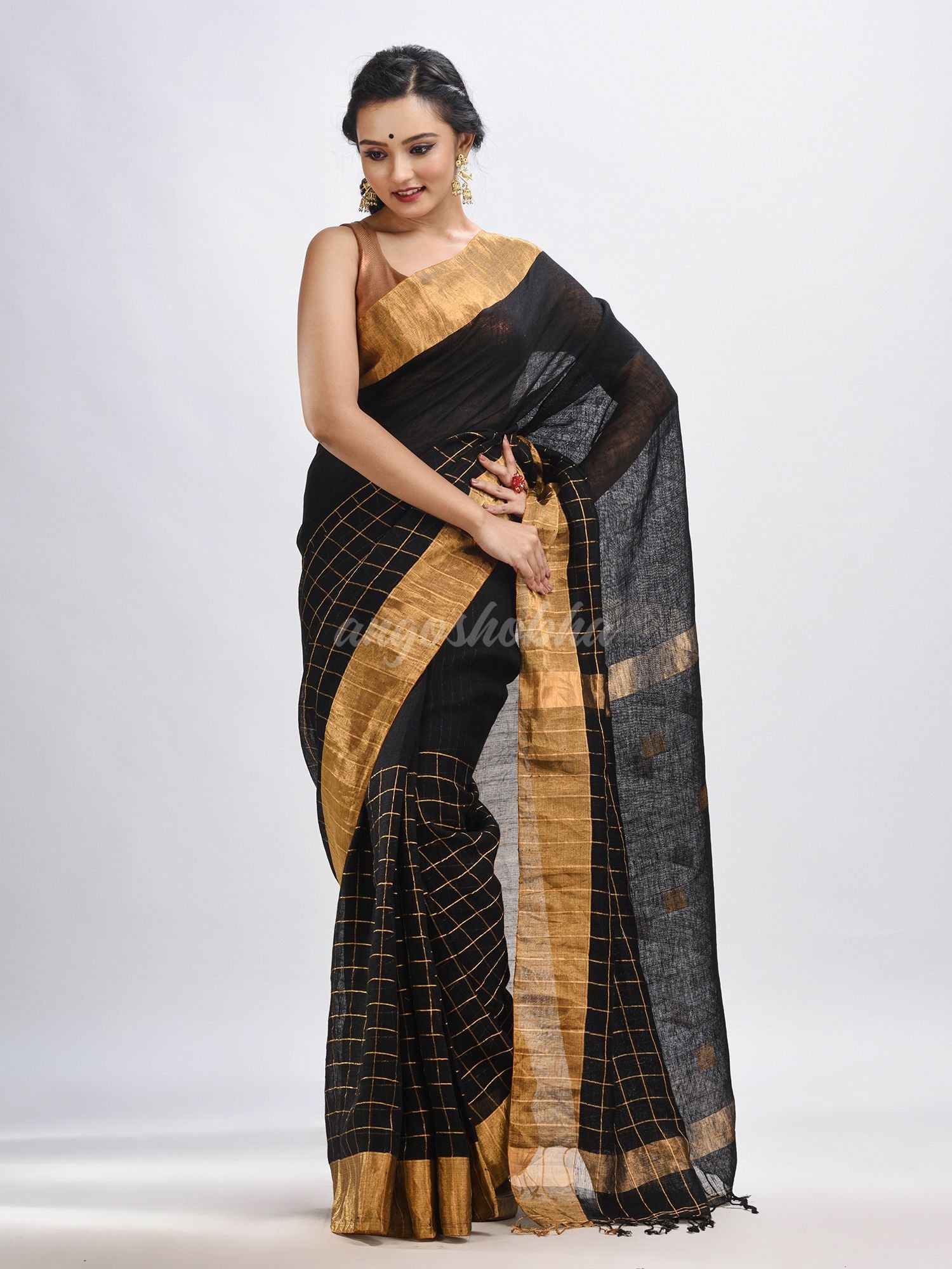 Black linen half check and huff solid body jamdani saree