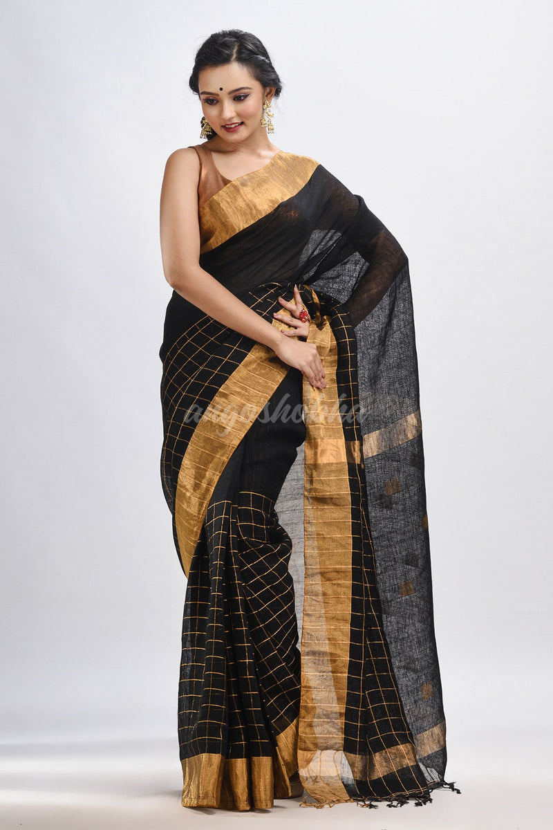 Black linen half check and huff solid body jamdani saree