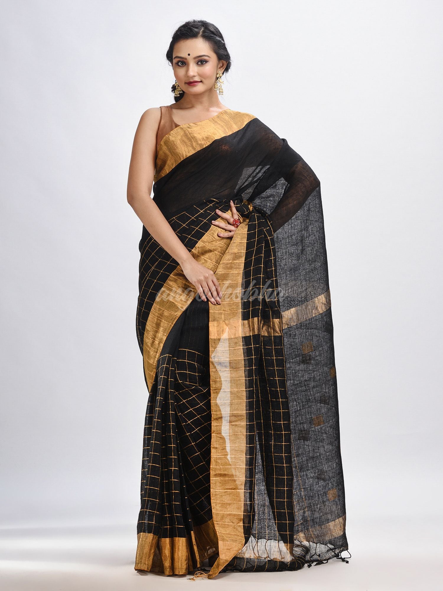 Black linen half check and huff solid body jamdani saree