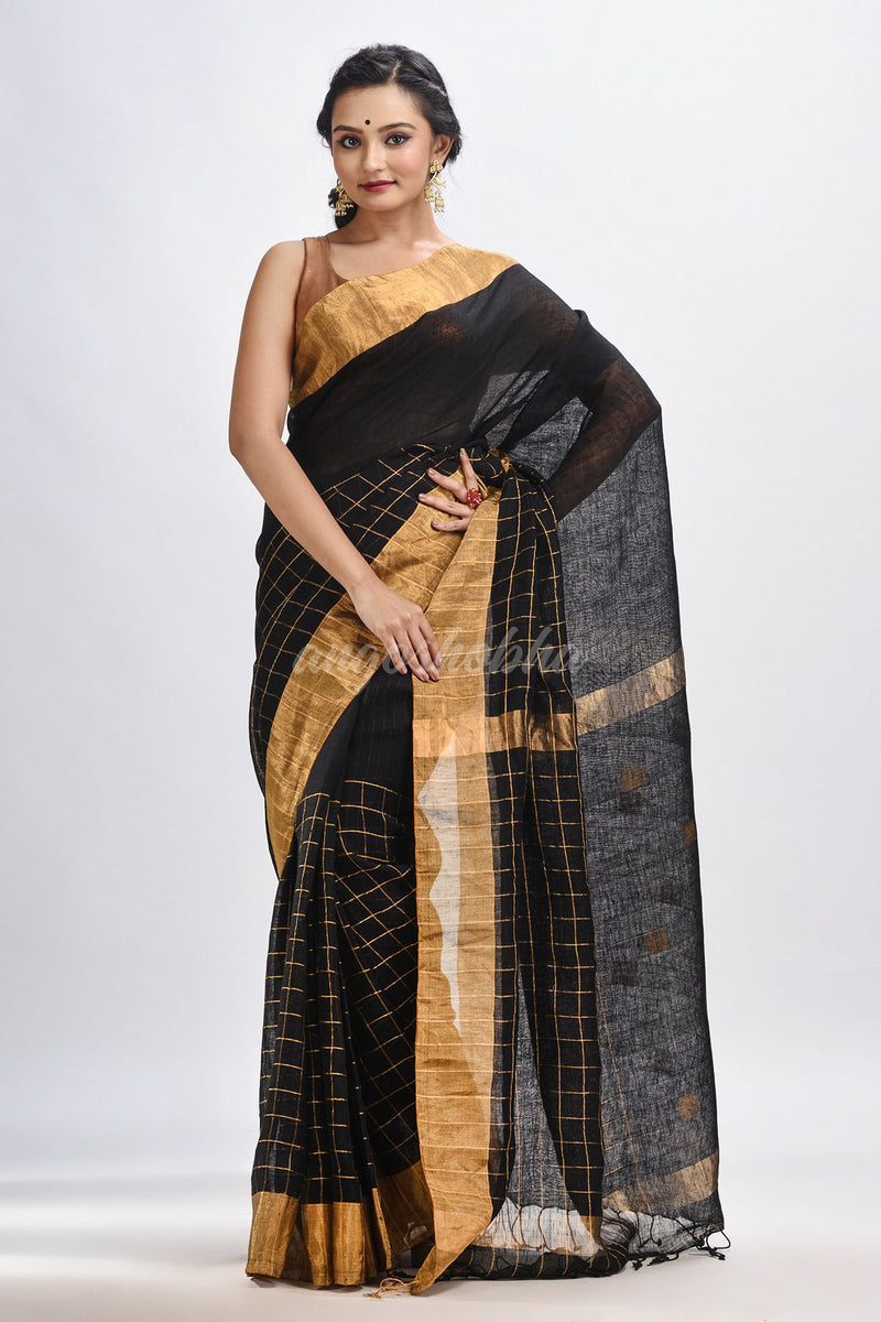 Black linen half check and huff solid body jamdani saree