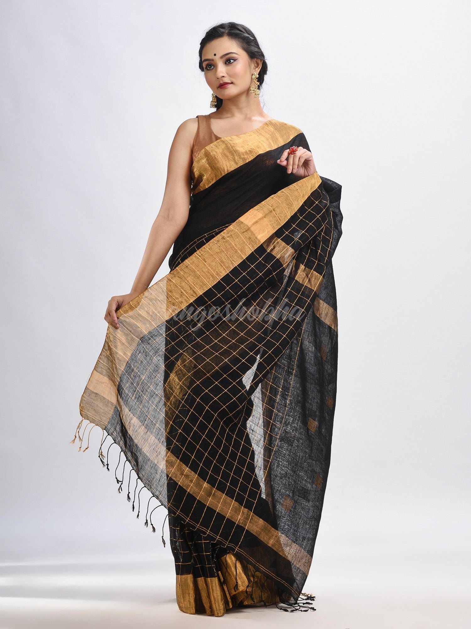 Black linen half check and huff solid body jamdani saree
