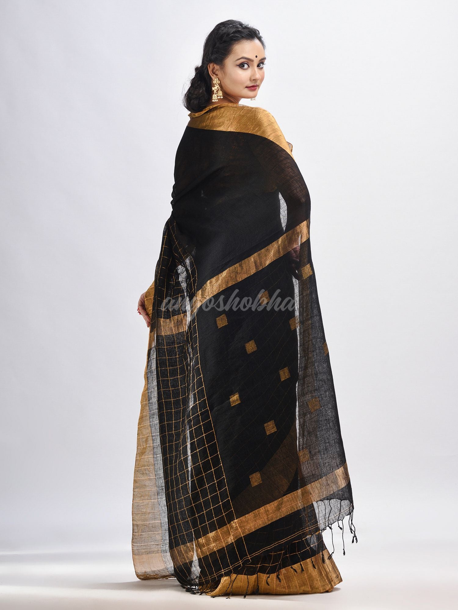 Black linen half check and huff solid body jamdani saree