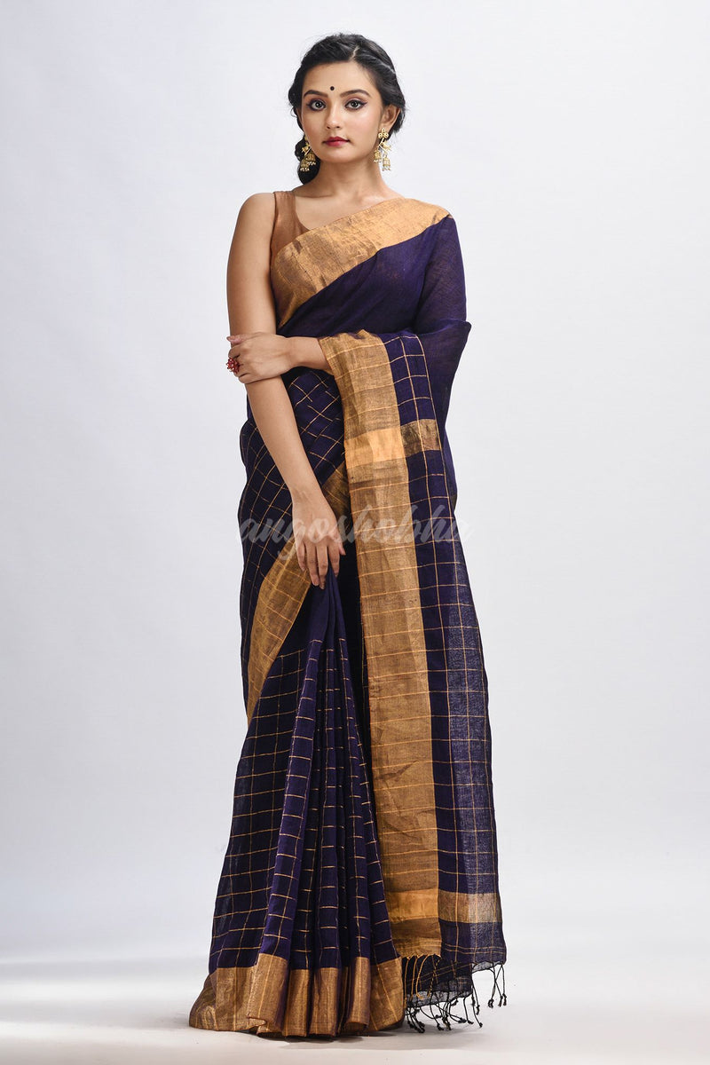 Violet linen half check and huff solid body jamdani saree