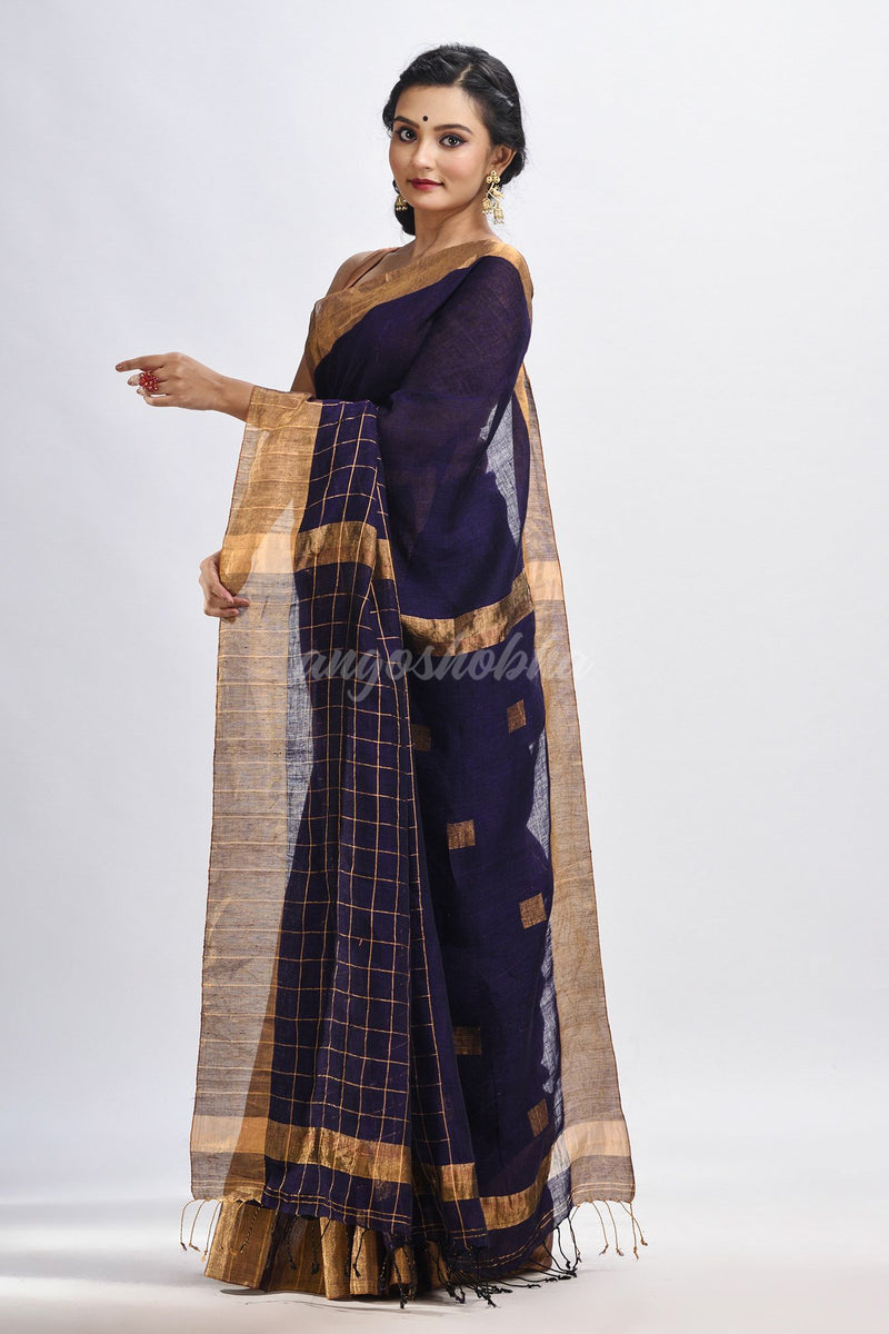 Violet linen half check and huff solid body jamdani saree