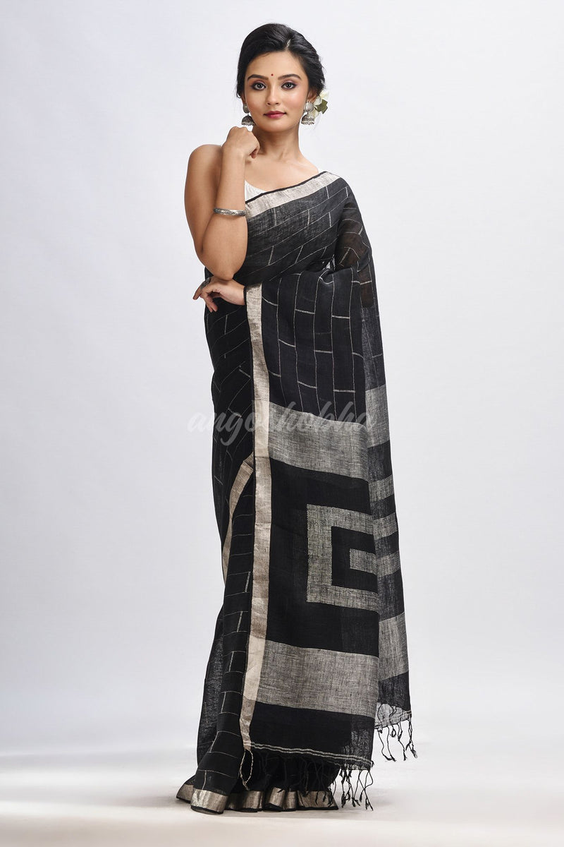 Black Traditional Linen Jamdani Saree