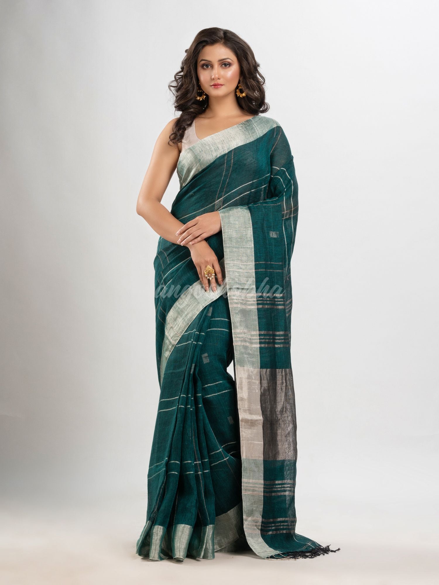 Forest green linen jamdani saree